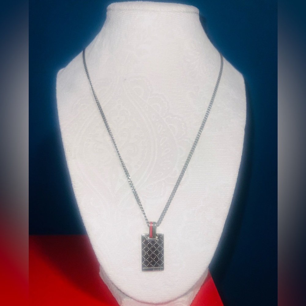 Gucci Silver-Tone Rectangular Pendant Necklace Wi… - image 1